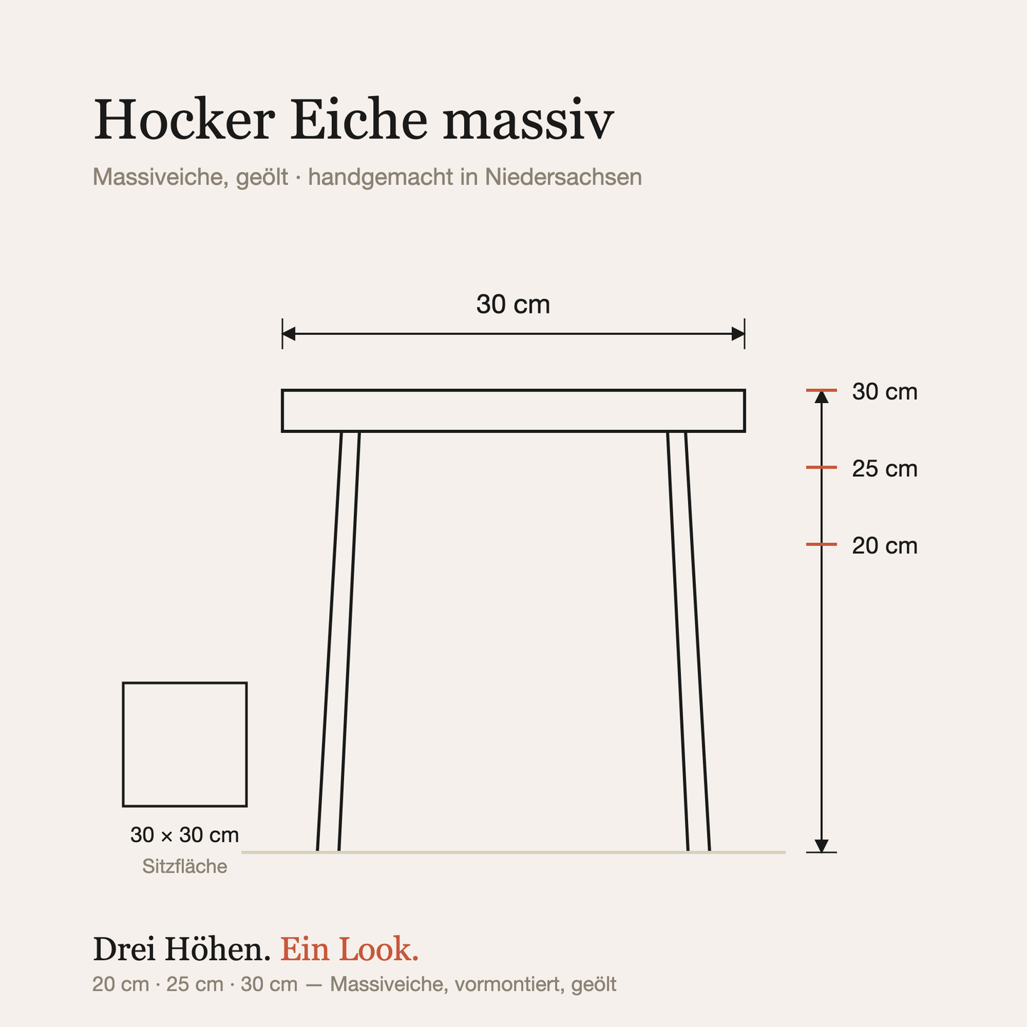 Maßzeichnung: 30 × 30 cm Sitzfläche, Höhen 20, 25 und 30 cm