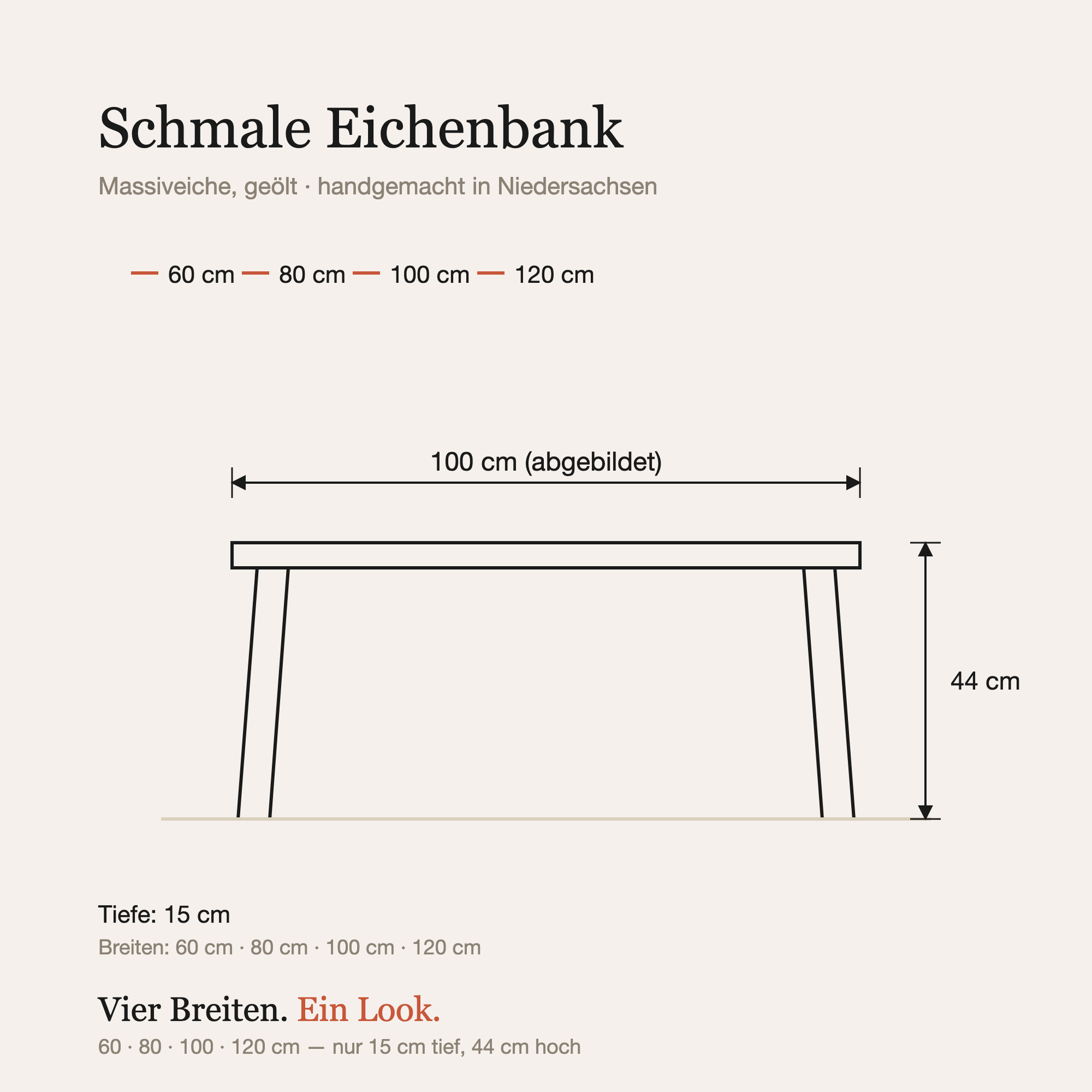 Maßzeichnung: Breiten 60 bis 120 cm, Tiefe 15 cm, Höhe 44 cm