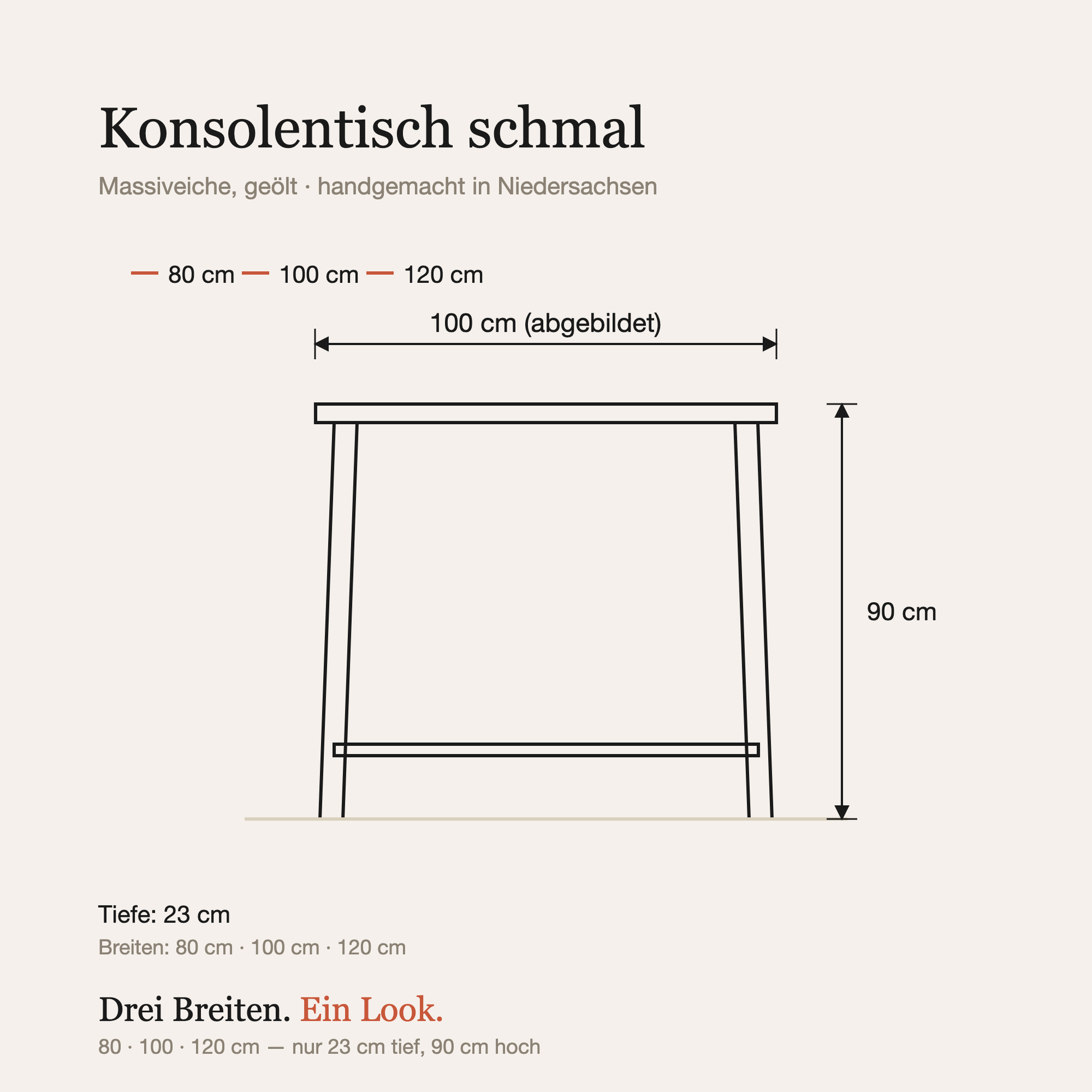 Maßzeichnung: Breite 80, 100 oder 120 cm, Tiefe 23 cm, Höhe 90 cm