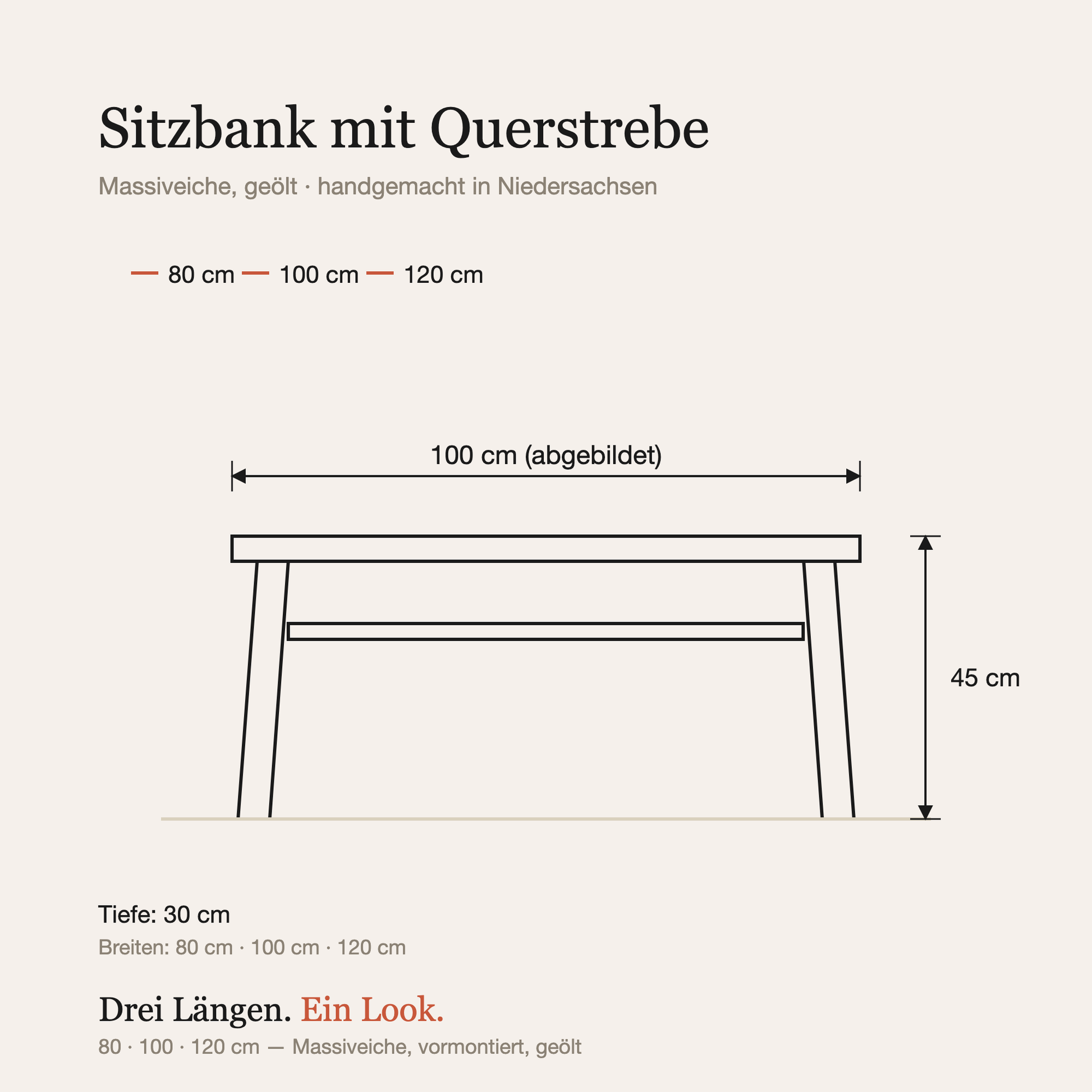 Maßzeichnung: Breiten 80, 100 oder 120 cm, Tiefe 30 cm, Höhe 45 cm