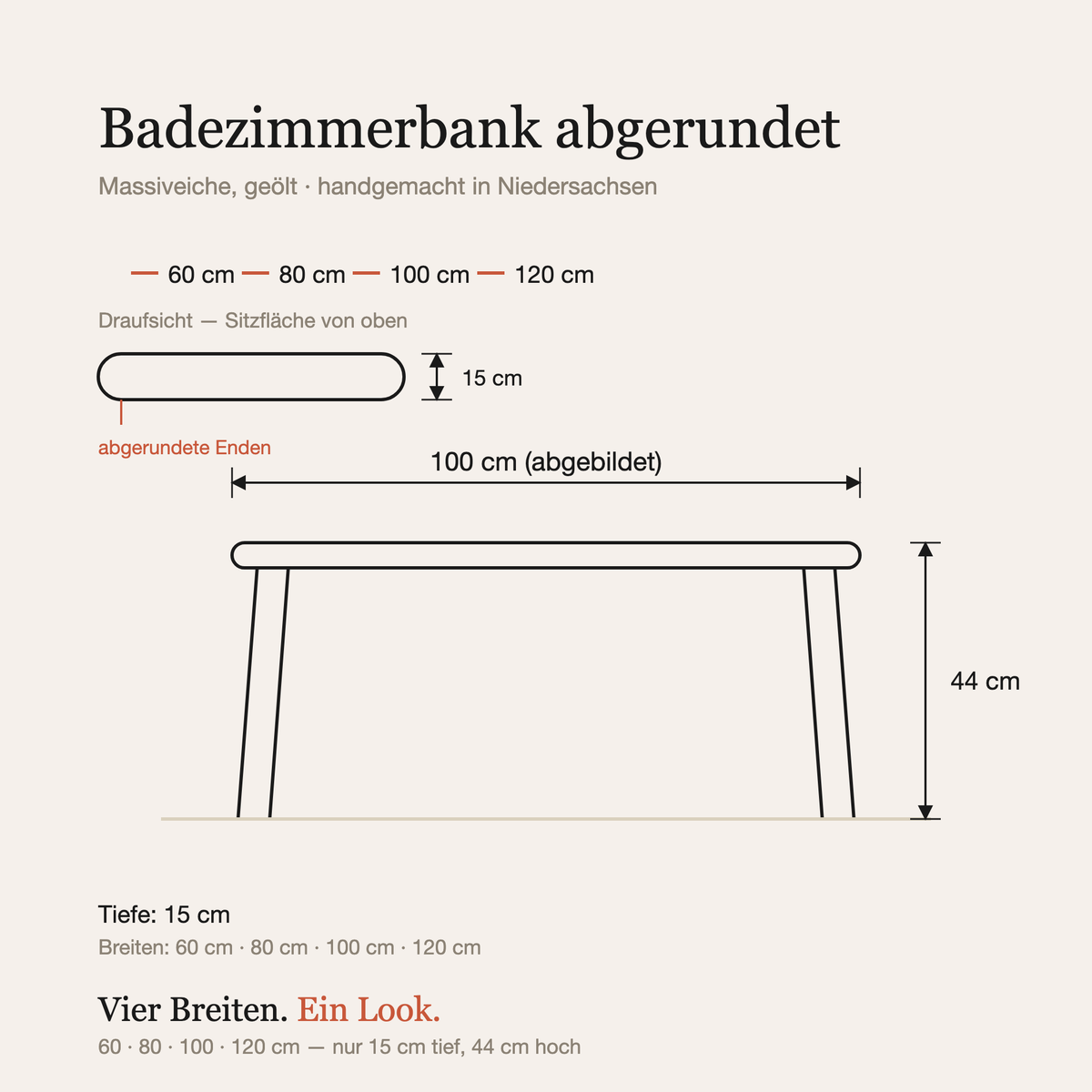 Maßzeichnung: Breiten 60 bis 120 cm, Tiefe 15 cm, Sitzhöhe 44 cm