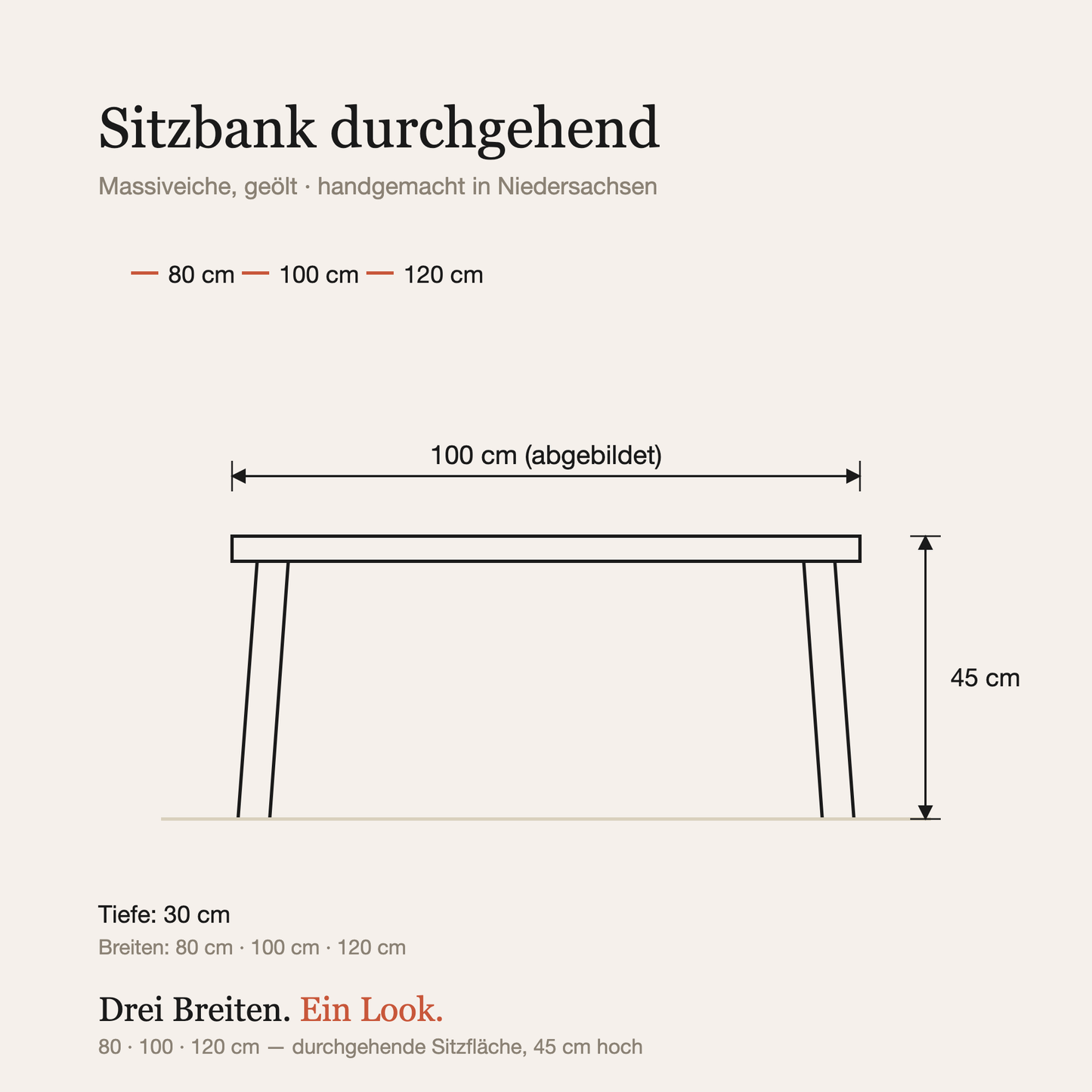 Maßzeichnung: Breiten 80, 100 oder 120 cm, Tiefe 30 cm, Höhe 45 cm