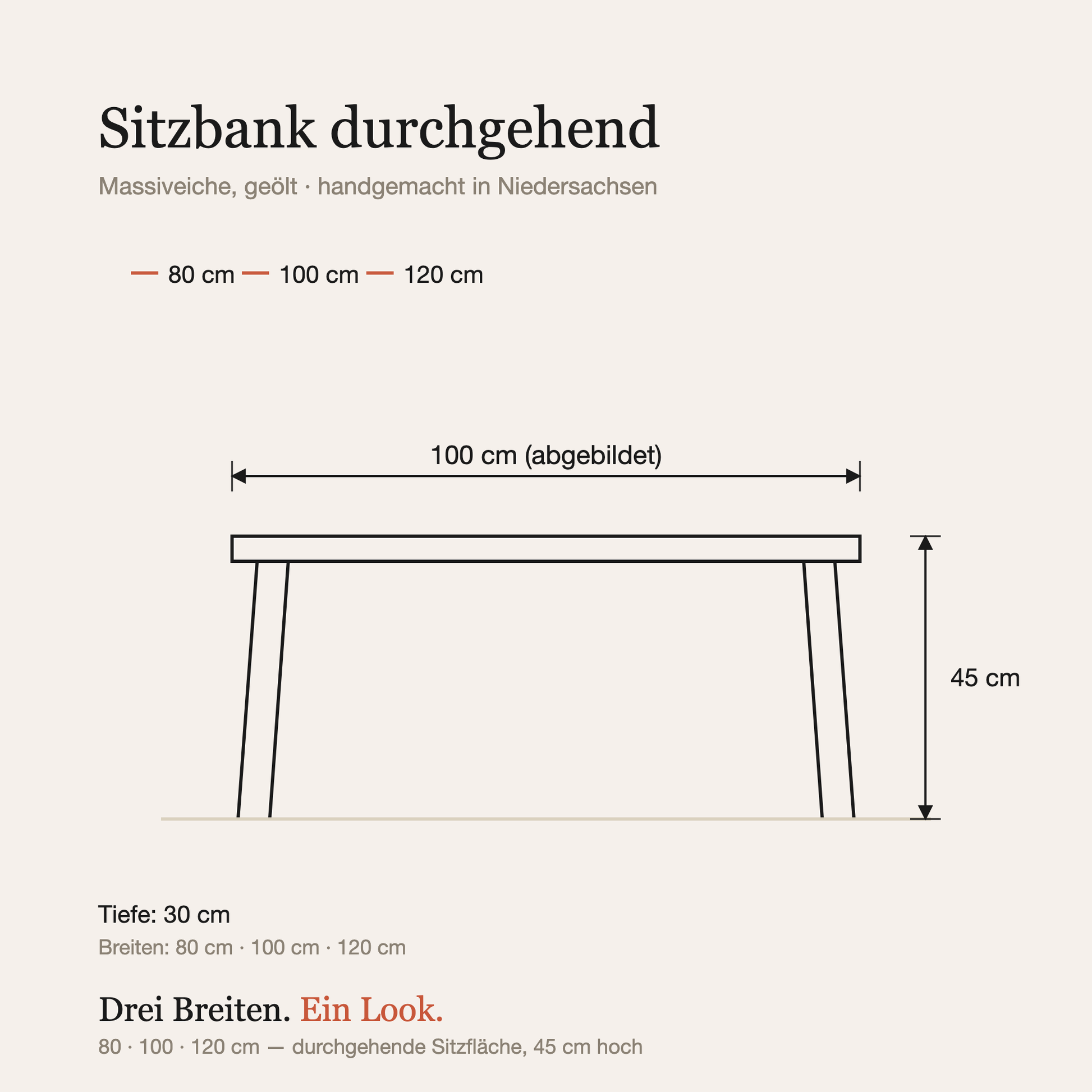 Maßzeichnung: Breiten 80, 100 oder 120 cm, Tiefe 30 cm, Höhe 45 cm