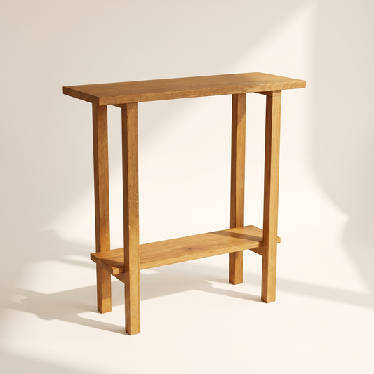 Konsolentisch aus massiver Eiche mit unterer Ablage, helles Studio