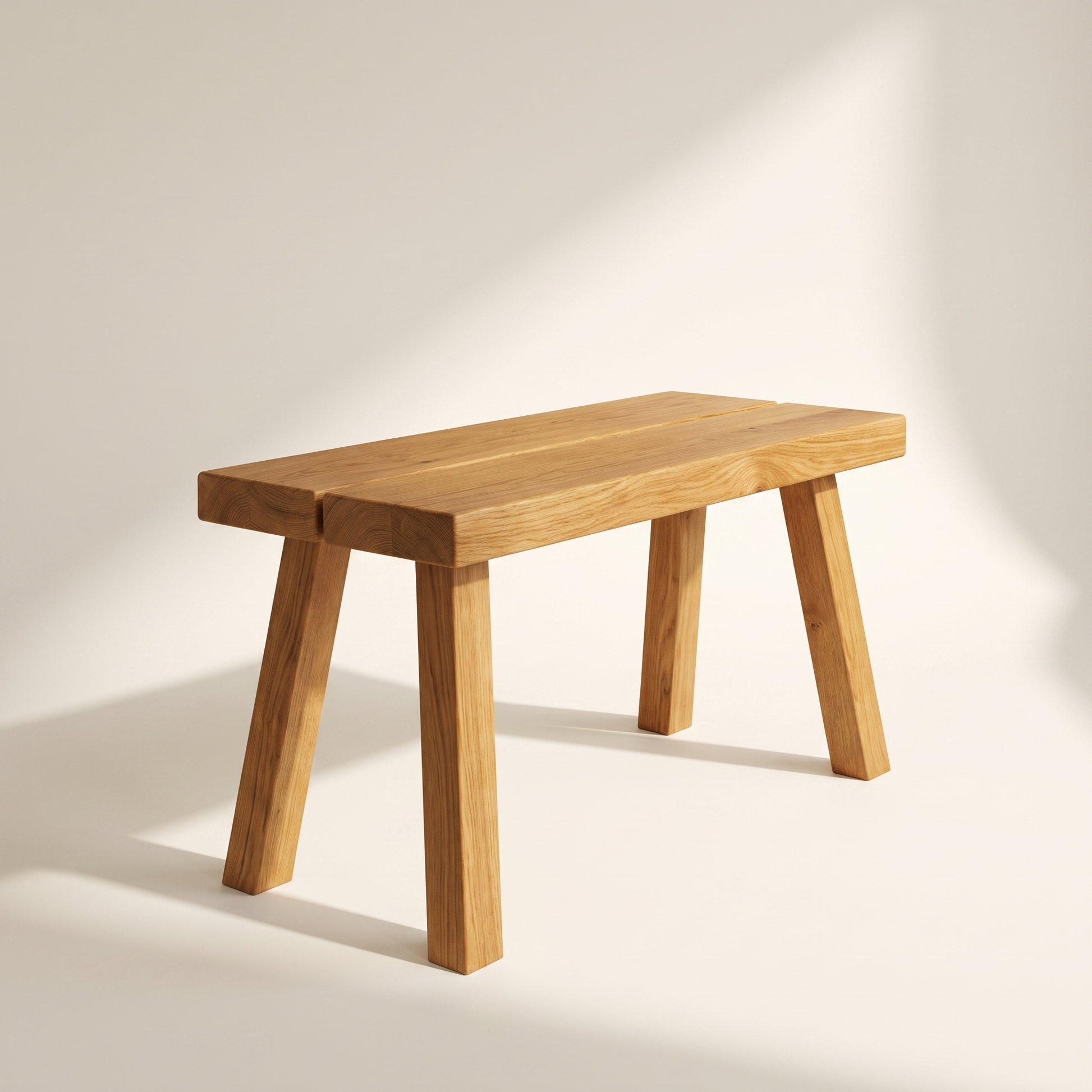 Sitzbank Flurbank aus massiver Eiche mit zweigeteilter Sitzfläche und Spalt, helles Studio