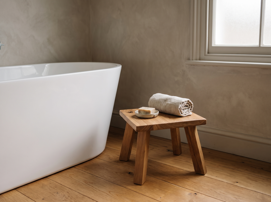 Niedriger Eichenhocker neben der freistehenden Badewanne mit Handtuch