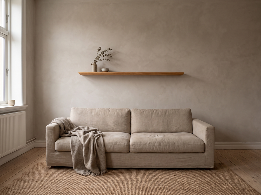 Wandregal aus Eiche über dem Sofa im Wohnzimmer, Morgenlicht