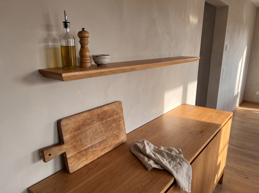 Wandregal aus Eiche über dem Sideboard in der Küche