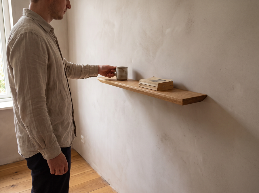 Person stellt eine Tasse auf das Wandregal aus Eiche