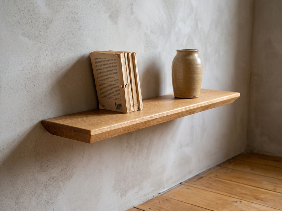 Wandregal aus Eiche mit Büchern und Steinzeug-Vase, Schweizer Kante von unten