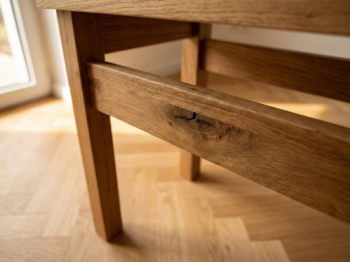 Detail der verzapften Querstrebe unter der Sitzfläche
