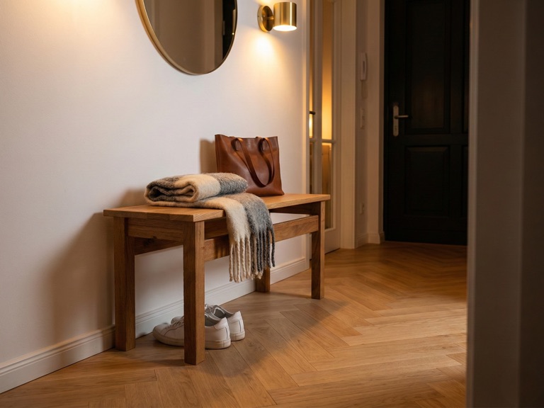 Holzpause Sitzbank in einem warmen Flur mit Wandlampe