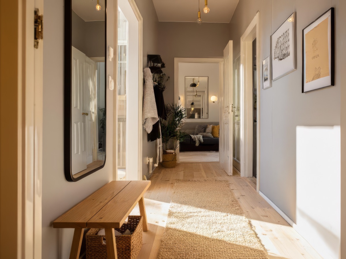 Holzpause Sitzbank aus Eiche im Flur mit Korb und Spiegel