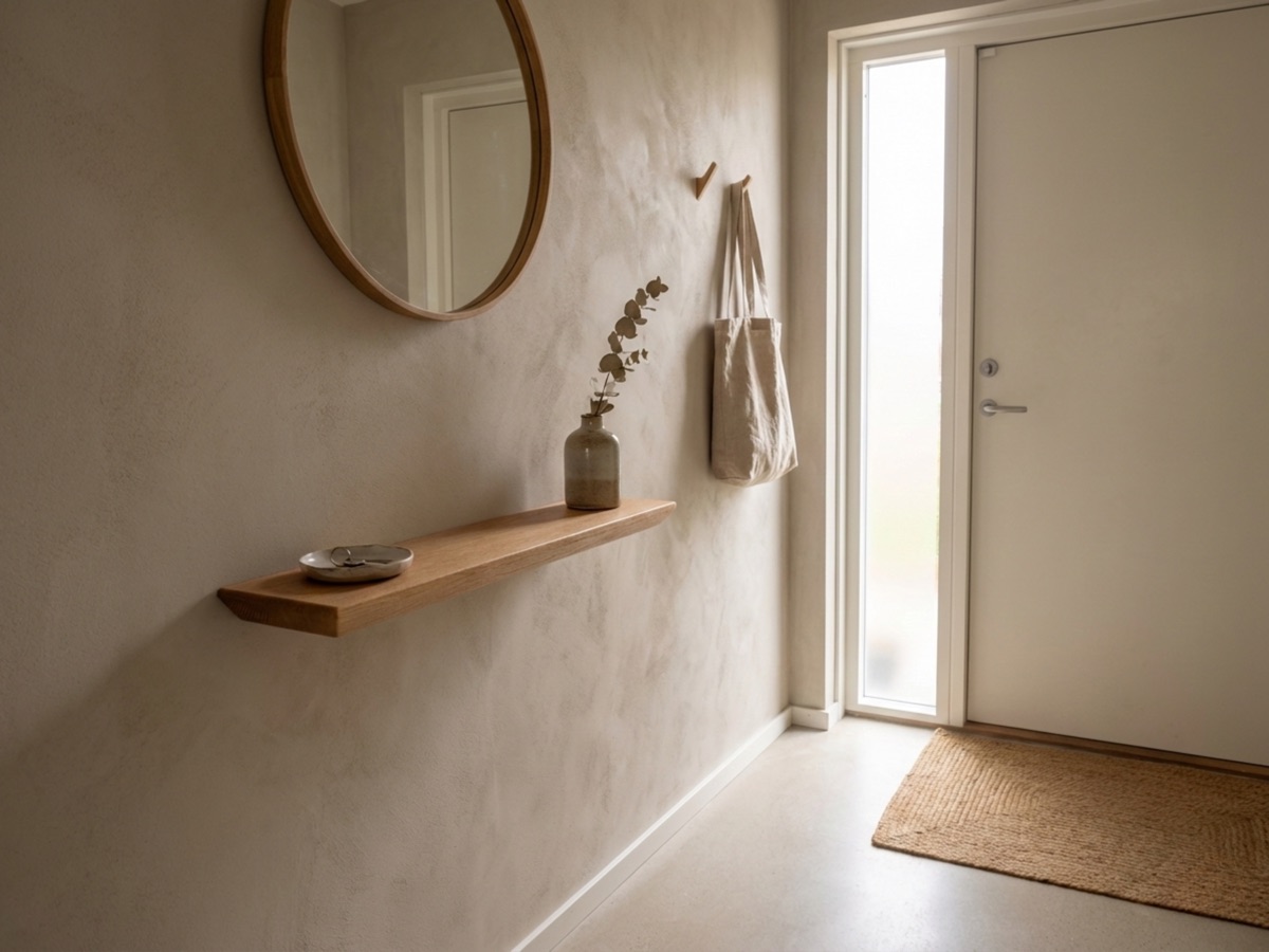 Holzpause Wandregal aus Eiche im Japandi-Flur